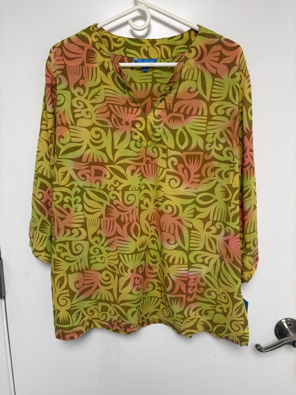 Blue Ginger Light Weight  Green & Peach Patterned Women's Tunic Top Size L